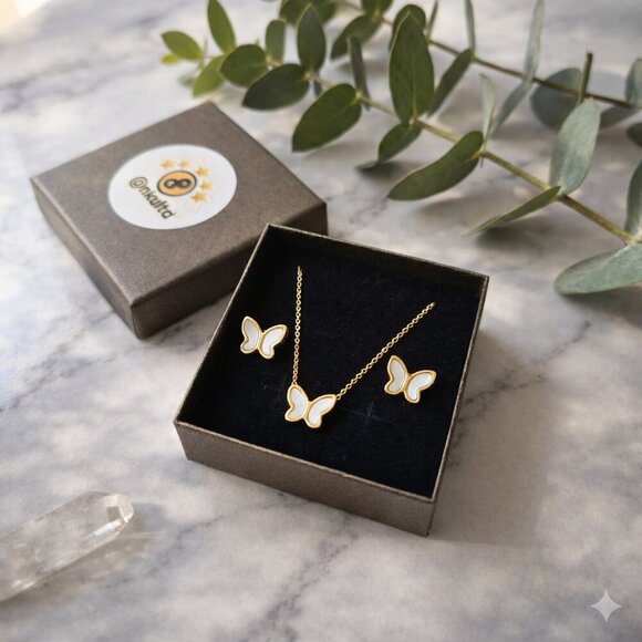18K Gold Plated Mother Of Pearl Butterfly Necklace And Stud Earrings Set Spring - Picture 5 of 16